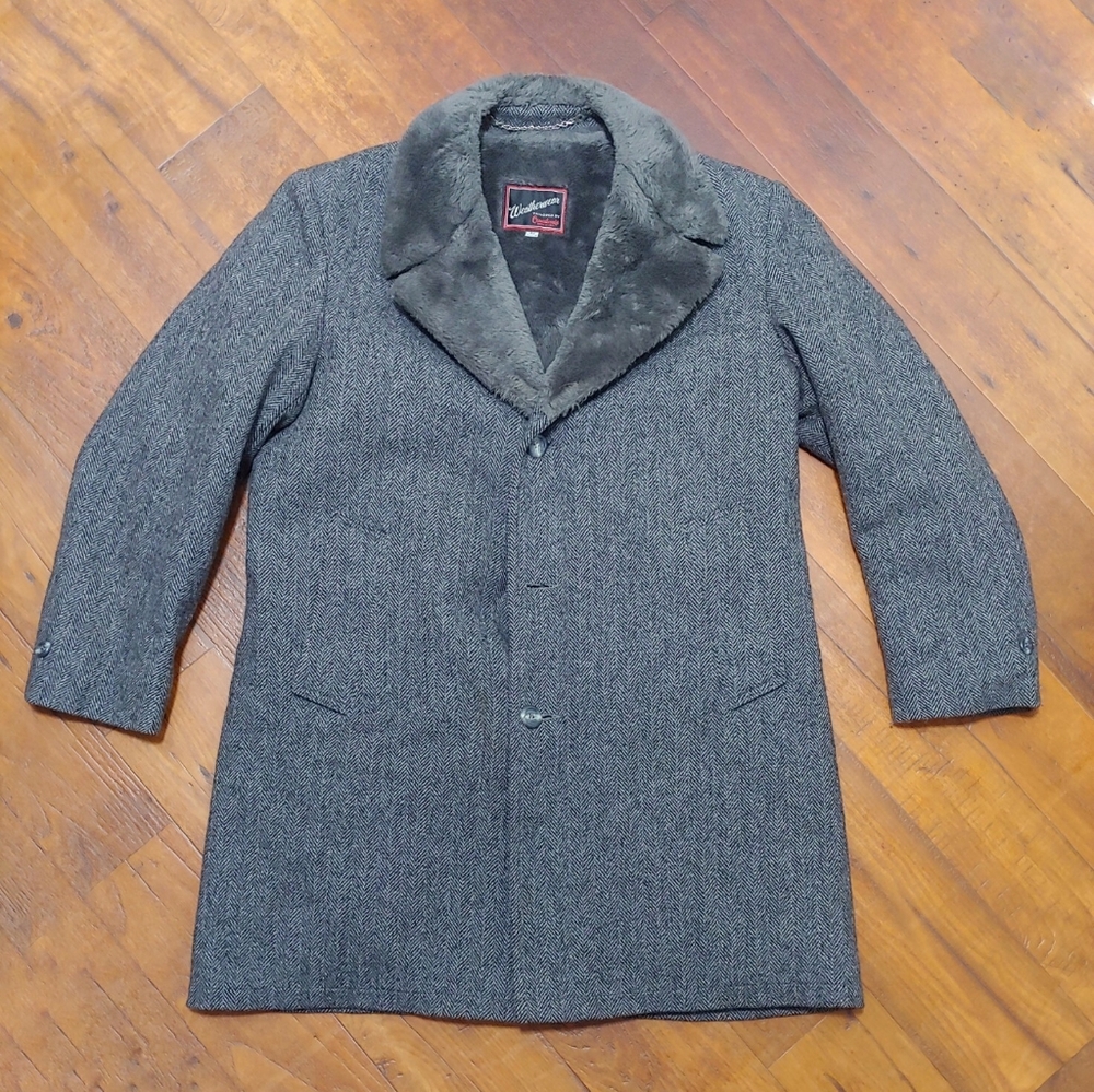 Vintage Mens 1970s Tweed Coat with Faux Fur Collar